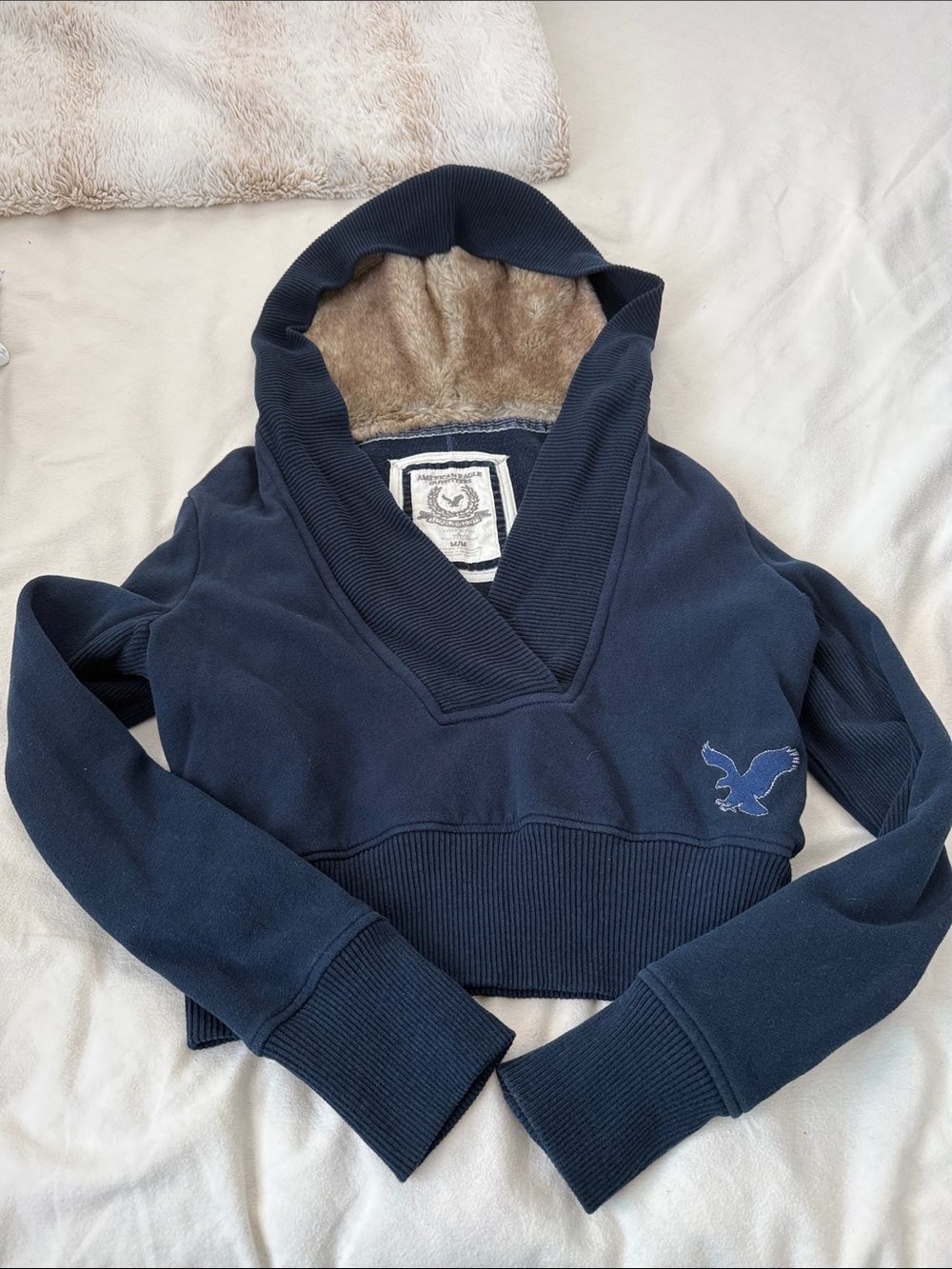 American Eagle Outfitters Navy Hooded Cropped Pullover with Embroidered Eagle